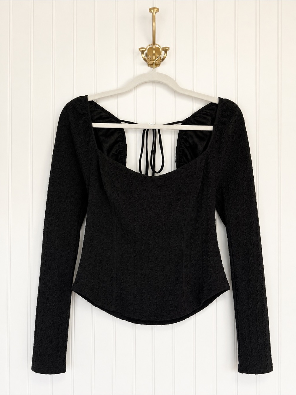 Free People Brittany Top Black Puff Sleeve Square Neck Tie Back Size L
